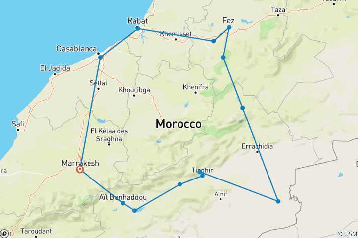 Carte du circuit 8 jours d'excursion privée guidée au Maroc de Marrakech à Casablanca en passant par le désert du Sahara