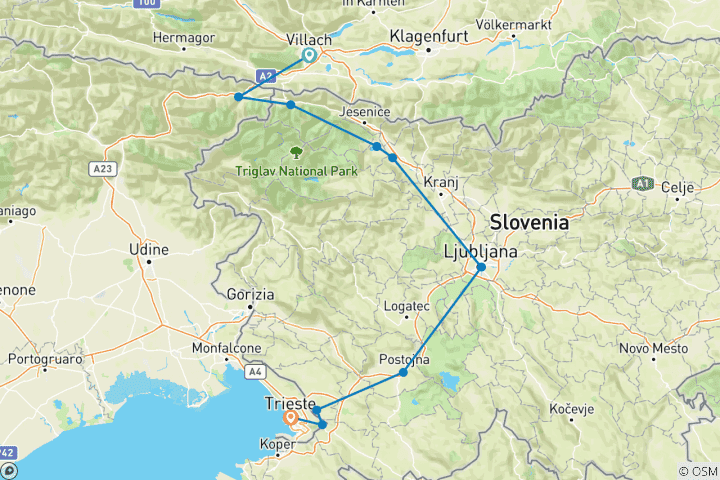 Karte von Alpe Adria Radweg Variante über Slowenien: Villach - Triest (8 Tage)