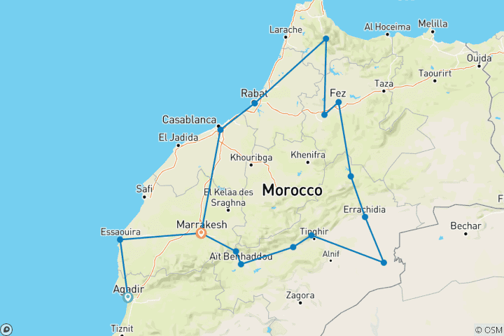 Carte du circuit Circuit privé de 12 jours : Agadir à Marrakech en passant par Merzouga, Fes/Chefchaouen...