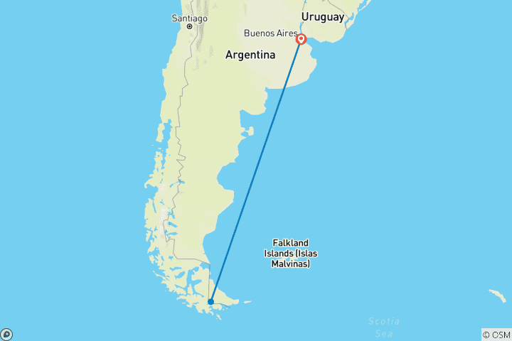 Carte du circuit Escapade de 2 jours à Ushuaia avec billet d'avion en option au départ de Buenos Aires