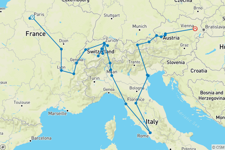 Kaart van Avontuurlijk Europa (33 bestemmingen)