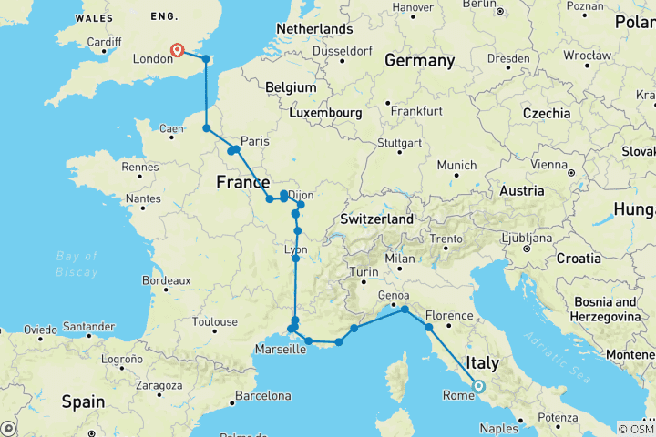 Carte du circuit De l'Italie à la France en passant par Londres (de Rome à Londres)