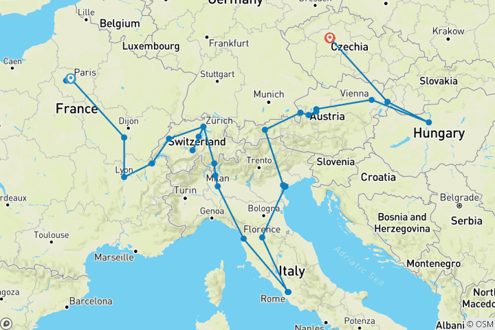 Carte du circuit L'Europe romantique (35 destinations)