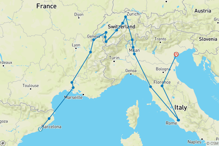 Map of Spain, Switzerland and Classical Italy (24 destinations)