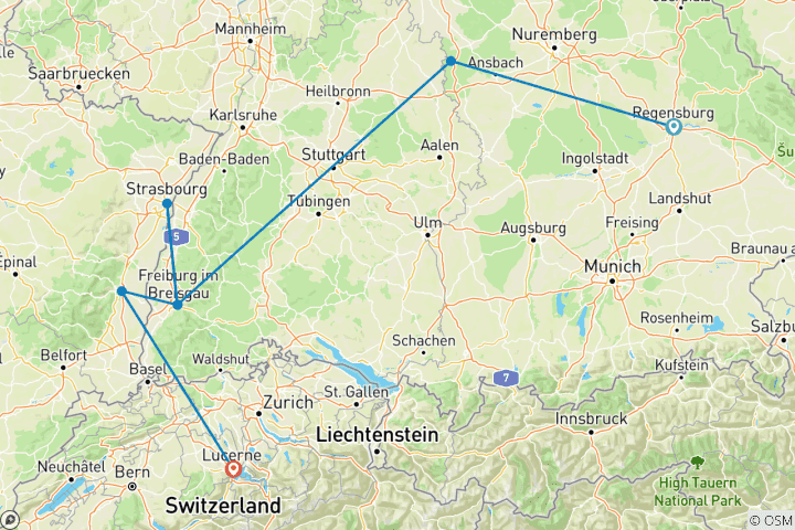 Carte du circuit Les marchés de Noël enchanteurs d'Allemagne, de Suisse et de France (de Munich à Lucerne, 2026)