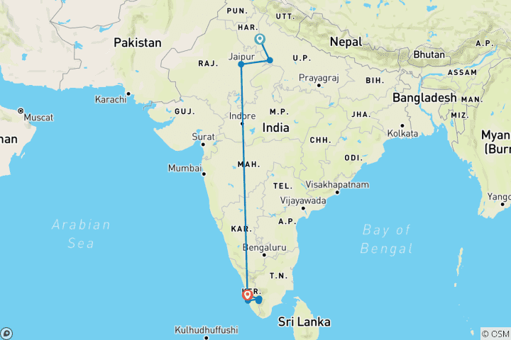 Map of Golden Triangle and Kerala Tour with House Boat Stay