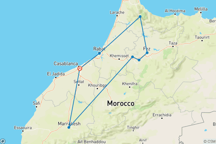 Kaart van Marokkaans mozaïek: reis van Casablanca naar Marrakech