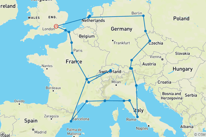 Carte du circuit Escapade européenne (Plus, Été, Début Londres)