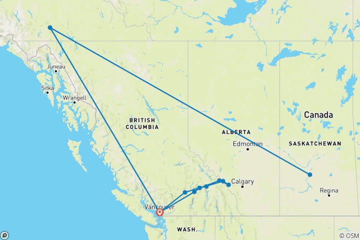 Carte du circuit Circuit Premium au Yukon pour les aurores boréales et les Rocheuses à l'occasion de Noël