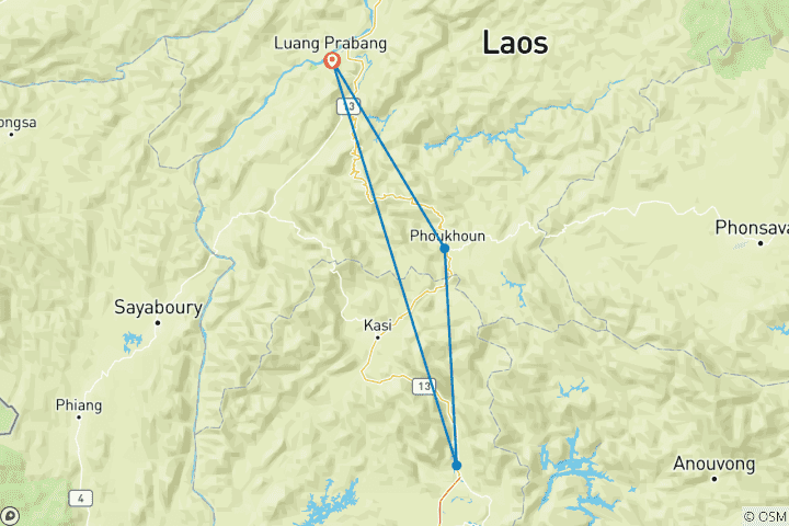 Map of Scenic Laos Motorcycle Tour from Luang Prabang to Vang Vieng via Caves and Waterfalls