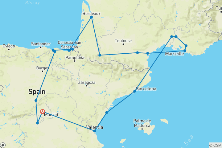 Map of Madrid, Basque Country, Lourdes, Provence and Barcelona (17 destinations)