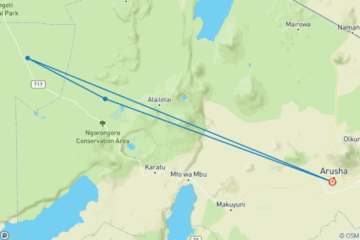 Map of 3 Days best of Serengeti and Ngorongoro crater