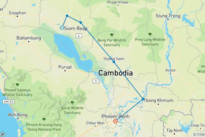 Map of Timeless Siem Reap Motorbike Tour to Phnom Penh via Kampong Thom and Preah Khan