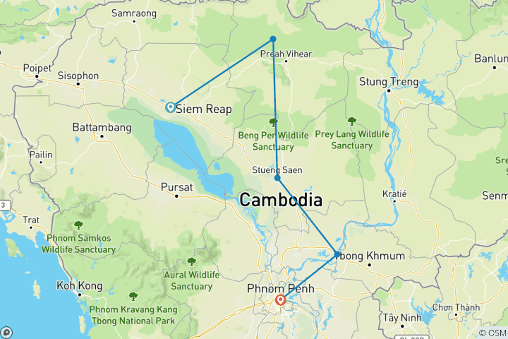 Map of Captivating Cambodia Motorbike Tour from Siem Reap to Koh Ker, Preah Vihear, and Battambang