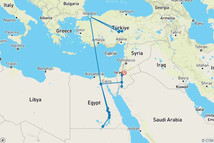 Carte du circuit Le meilleur de la Turquie, de l'Égypte et de la Jordanie (Istanbul/Cappadoce/Le Caire/Croisière sur le Nil/Petra) Tous les vols sont inclus.