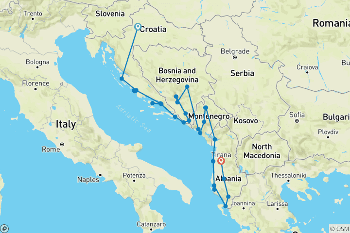 Carte du circuit Les Balkans classiques : de la Croatie à l'Albanie
