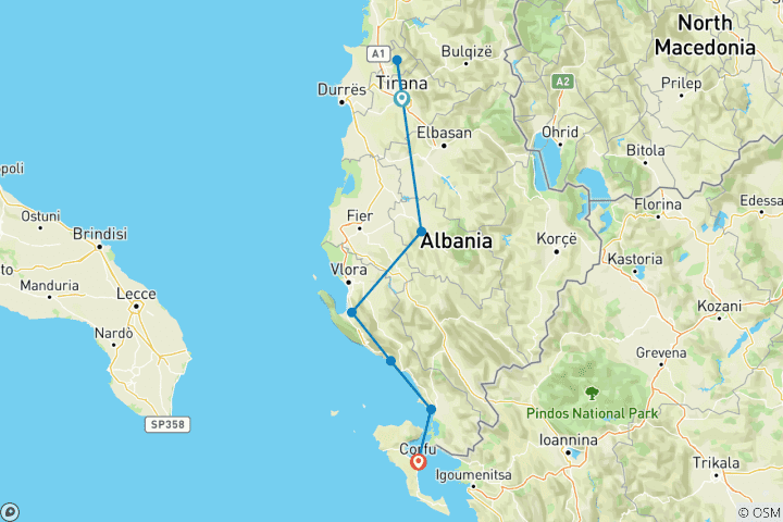 Carte du circuit De Tirana à Corfou – Villes antiques et Riviera albanaise