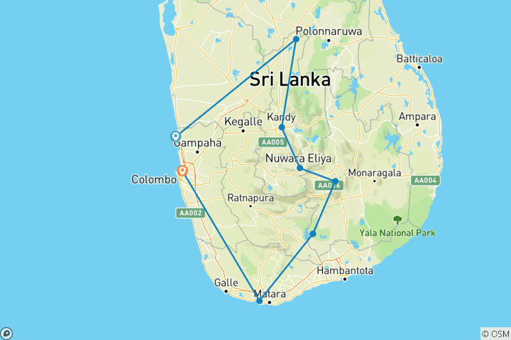 Carte du circuit Hello Sri Lanka : 11 jours d'émerveillement - Semi-Luxe | 3 - 4 étoiles