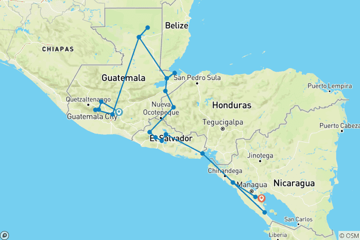 Map of Guatemala, Honduras, El Salvador & Nicaragua Adventure -13 Days