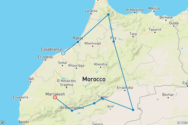 Map of 6 Days Group Morocco Tour from Casablanca to Marrakech