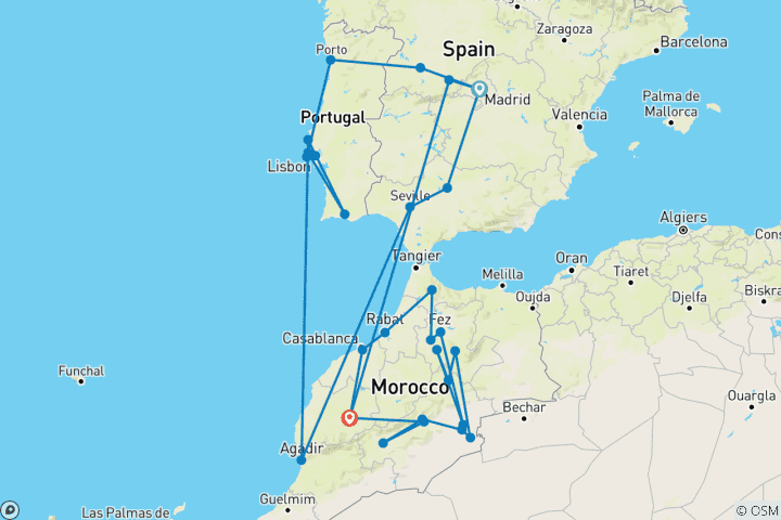 Map of Spain, Portugal and Morocco Highlights (Summer, Air Price Madrid To Marrakesh)