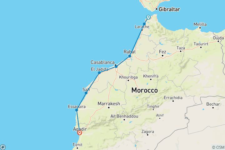 Map of 5-Day Private Tour Tangier to Agadir...