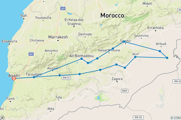 Kaart van Luxe privé rondreis Agadir naar woestijn via Ouarzazate, Todra & Taroudant in 5 dagen Privé rondreis