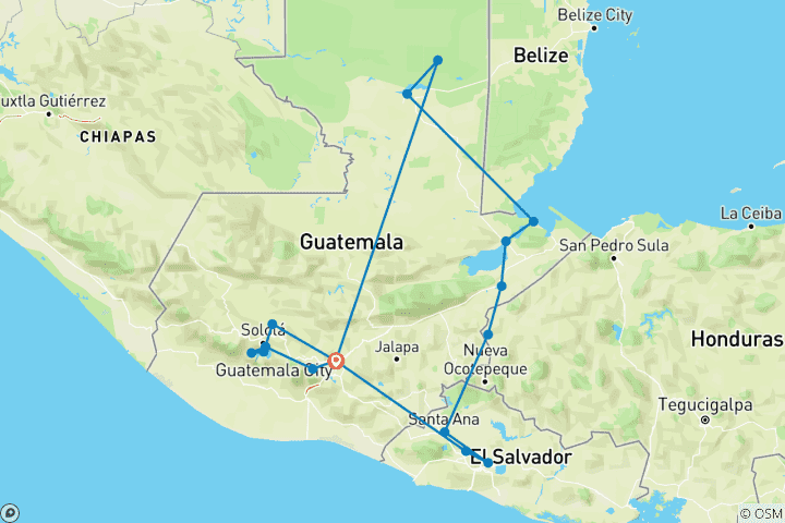 Map of Mayan Triangle Program - Guatemala, El Salvador & Honduras in 10 days