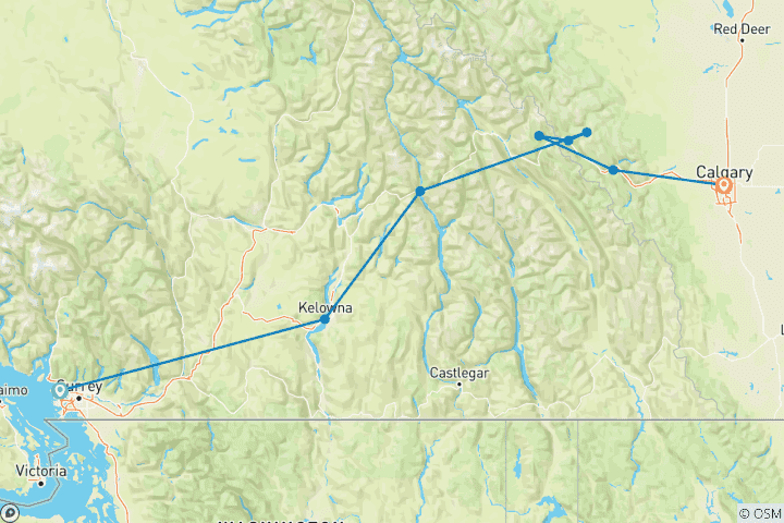 Carte du circuit Hiver 5 jours de plaisir dans la neige dans l'ouest du Canada - Départ de Vancouver et fin à Calgary