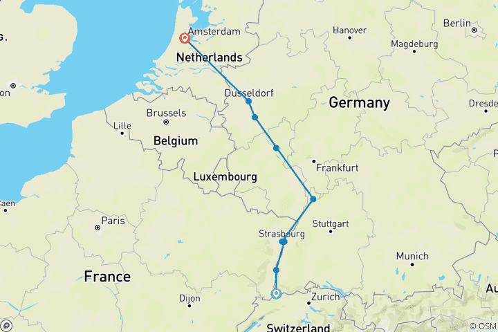 Carte du circuit Joyaux du Rhin et Amsterdam 2026 - 10 jours (from Bâle to Amsterdam)