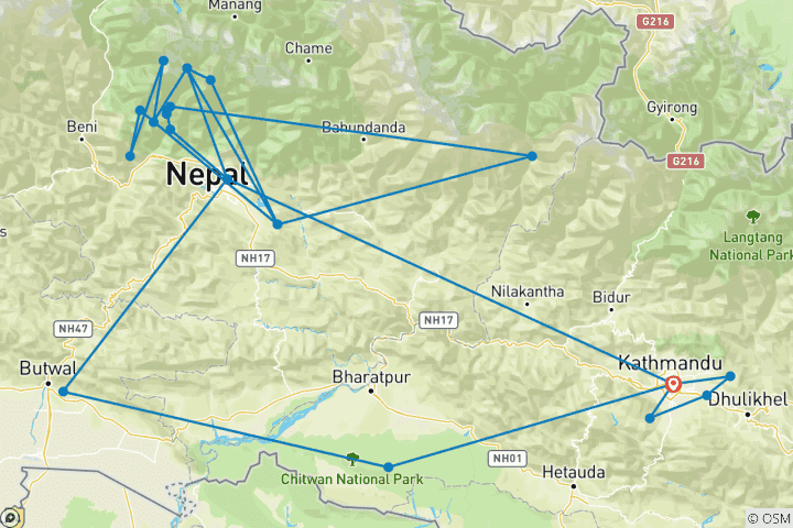 Map of Unforgettable Nepal: 19 Days of Culture, Wildlife & ABC