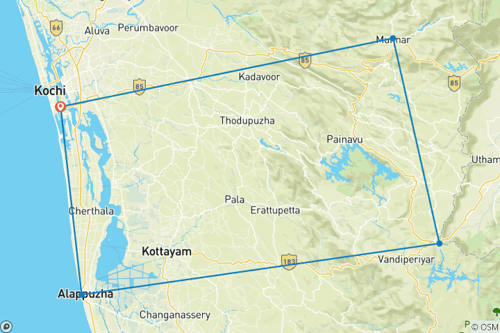 Mapa de ¡Cochin: Excursión de 5 días por Kerala con Munnar, Thekkady y Alleppey!