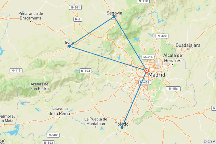 Carte du circuit 5 jours à Madrid avec Tolède, Avila et Ségovie