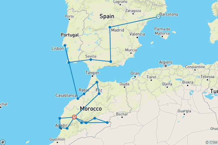 Carte du circuit Explorez l'Espagne, le Portugal et le Maroc : Vagues côtières et dunes du désert
