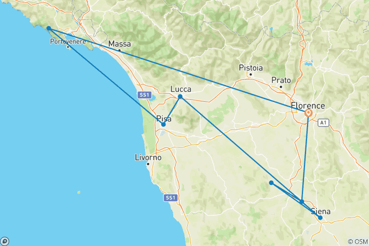 Carte du circuit Florence : Le cœur de la Toscane et Cinque Terre | Circuit indépendant avec excursions partagées | 8 jours/7nuits