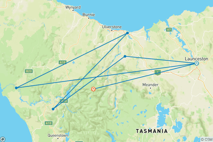 Carte du circuit Marcher dans les Tarkines et le Cradle Mountain de Tasmanie (from Launceston to Lac des colombes)