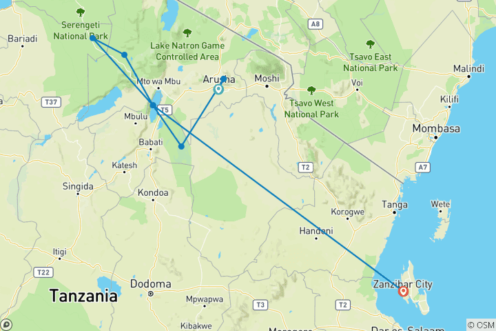 Karte von Überraschende Great Wildebeest Migration & Sansibar Highlights