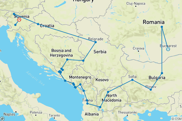 Map of 17-Day Grand Balkan Cultural Tour