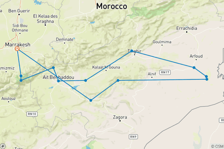Kaart van Luxe Privé Rondreis 8-daagse Privé Rondreis Marrakech Marokko naar Atlas Trek & Merzouga Woestijn Glamping