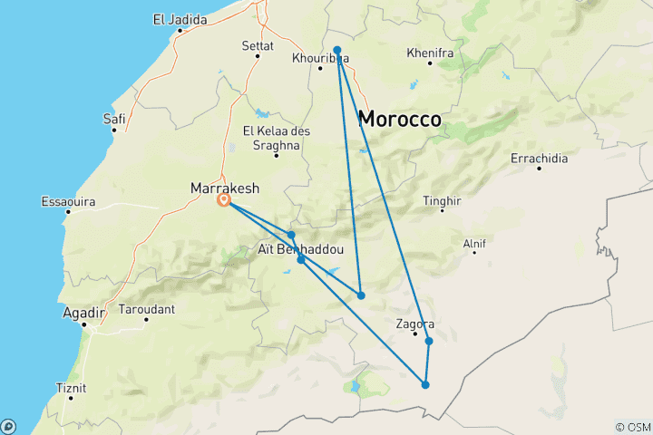 Kaart van Luxe privé rondleiding door de woestijn in 2 dagen: Marrakech naar Erg Lihoudi woestijn