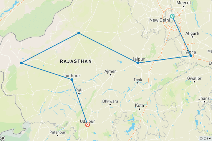 Carte du circuit Triangle d'Or et Rajasthan - 9 Nuits / 10 Jours | Découvrez Delhi, Agra et Jaipur