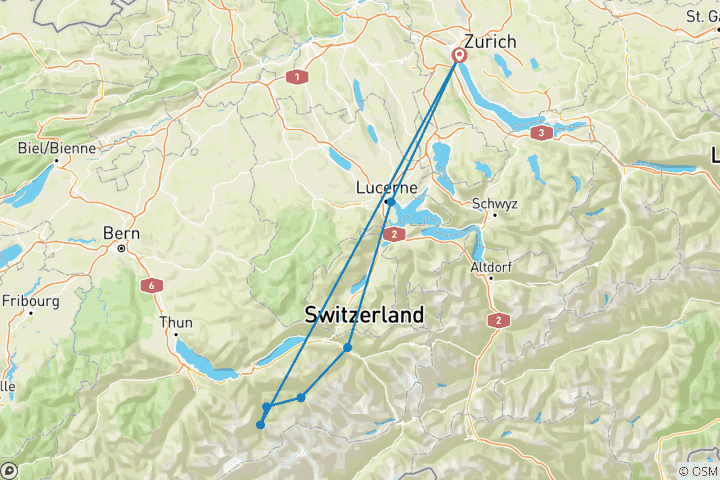 Mapa de Lagos, montañas y ferrocarriles de Suiza