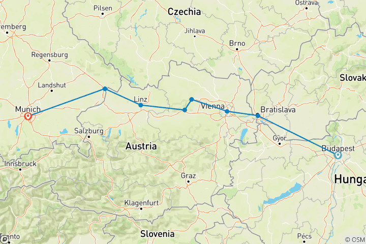 Map of Highlights of the Danube Budapest → Munich (2026)