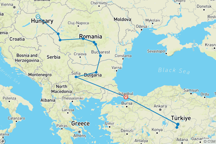 Mapa de 10 días de Budapest a Estambul y Capadocia vía Sofía 3 VUELOS INCLUIDOS - Viaje en grupo reducido