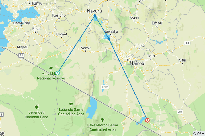 Carte du circuit 7 jours et 6 nuits de safari en petit groupe avec hébergement amélioré dans les parcs nationaux du Masai Mara, du lac Nakuru, du lac Naivasha /Hell's Gate et d'Amboseli