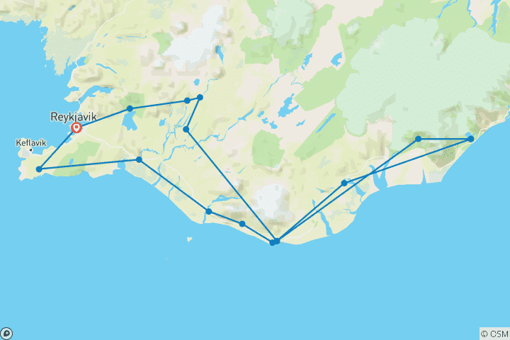 Carte du circuit 5 jours de chasse aux aurores boréales et de visite du lagon glaciaire