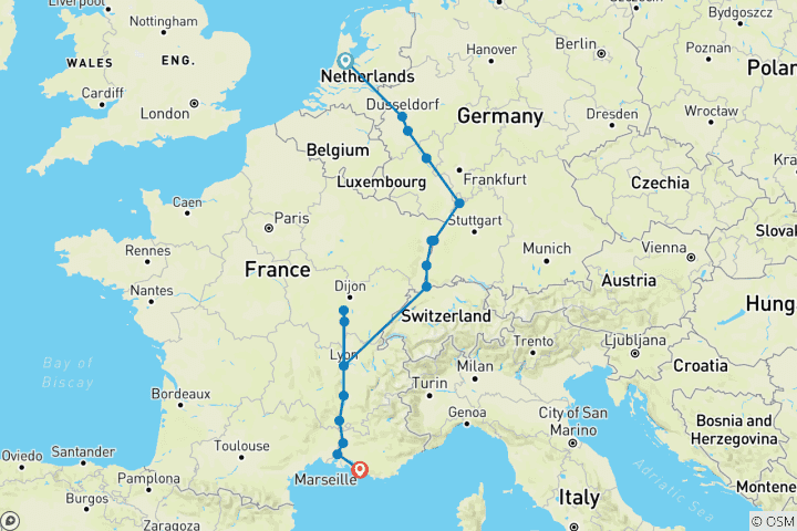 Carte du circuit Découvrez les tulipes du Rhin et la croisière sur le Rhône 2026 - 15 jours