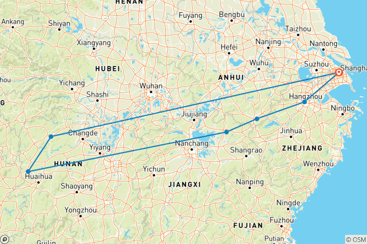 Map of Gorgeous China 15D: SH, Zhangjiajie, Wangxiangu, Jingdezhen, Huangshan, Shenxianju etc.
