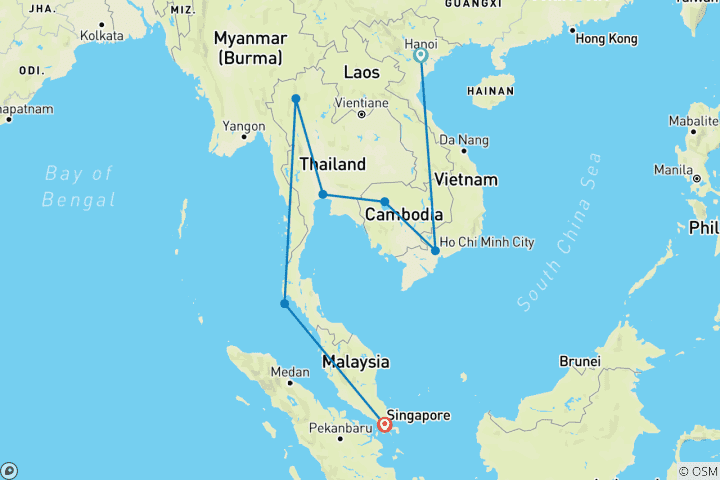 Carte du circuit 22 jours Vietnam, Cambodge et Thaïlande avec extension à Singapour (guide privé et chauffeur))