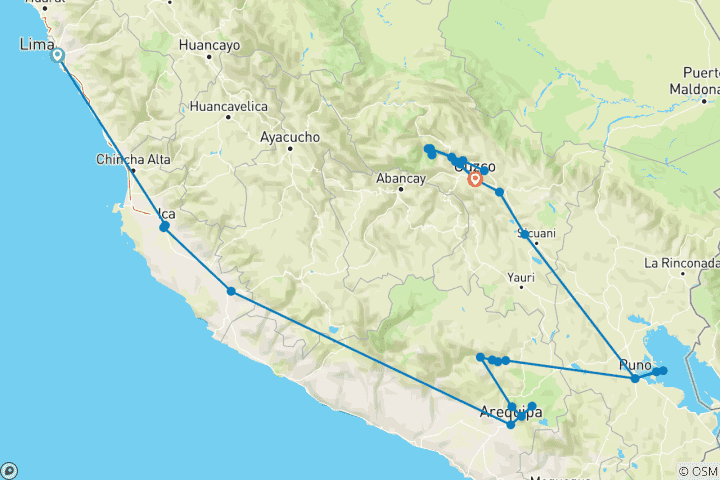 Carte du circuit Circuit privé et flexible au Pérou : Machu Picchu, Cusco, Lac Titicaca, Canyon de Colca, Lima, Îles Ballestas, Ica, Huacachina & Nazca 🌎✨